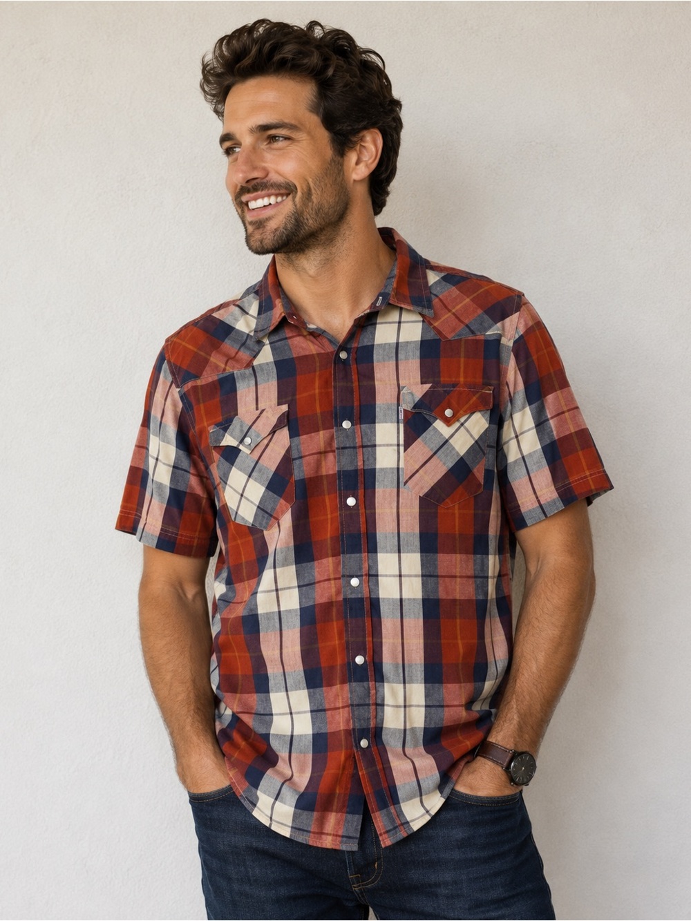 Levi’s Plaid Western Shirt Men’s Large Rust Navy Cream Short Sleeve Snap Button